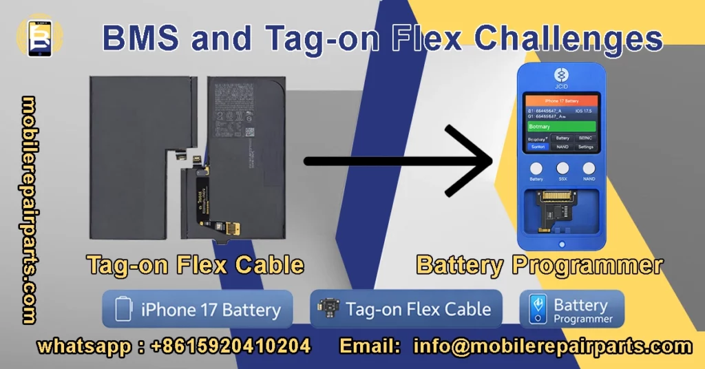 iPhone 17 battery with Tag-on Flex cable and programmer for BMS chip transfer.