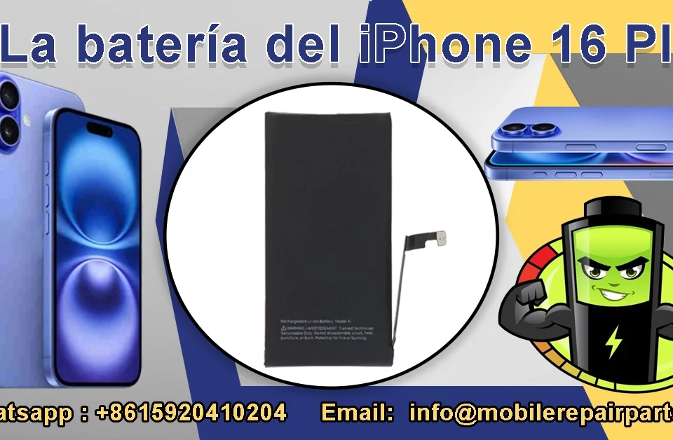 La batería del iPhone 16 Plus abierta con iconos de reparación y carga para mayoristas y técnicos en Latinoamérica.