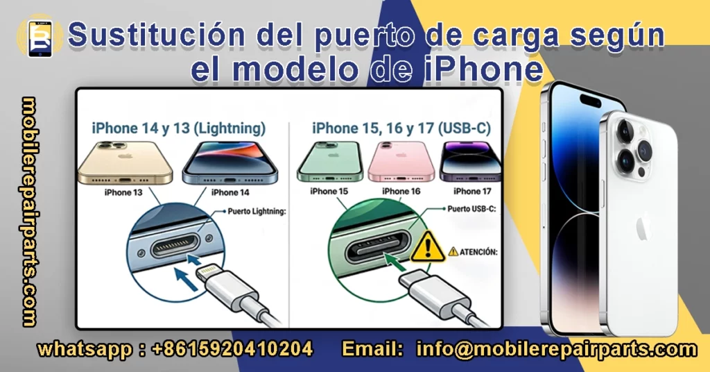 Comparación entre el puerto Lightning de iPhone 14 y el puerto USB-C de iPhone 15, 16 y 17.