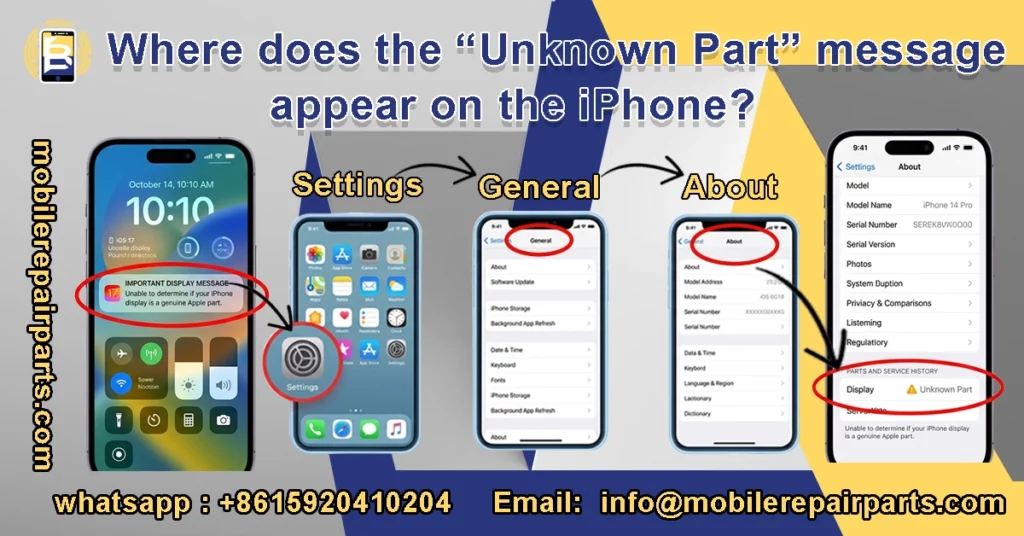 iPhone settings showing “Unknown Part” under Parts & Service History