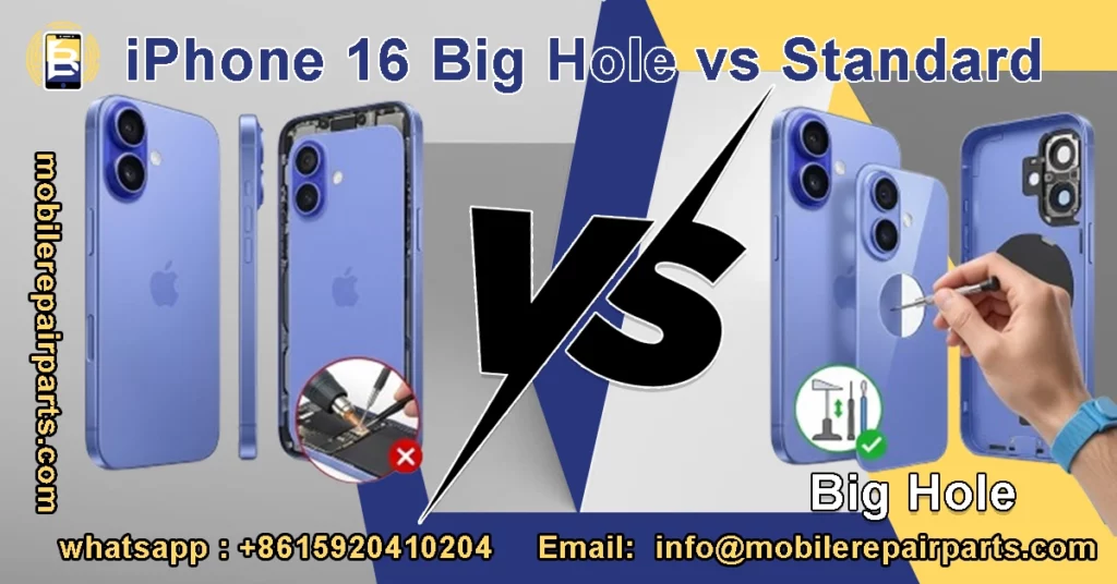 Diferencia entre tapa trasera iPhone 16 agujero grande y estándar para técnicos