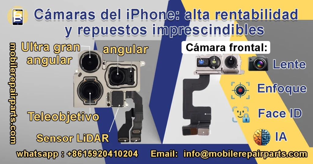 Cámaras del iPhone: módulo trasero con múltiples lentes y sensor LiDAR, junto con el sistema frontal TrueDepth para Face ID y selfies