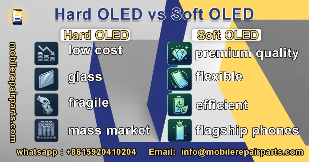 Professional infographic comparing Hard OLED and Soft OLED screens in terms of cost, durability, quality, and market positioning for smartphone repair and wholesale business.