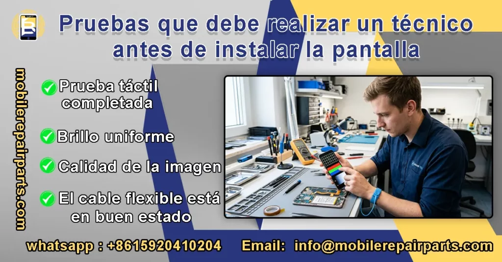 Las pruebas que debe realizar el técnico antes de instalar la pantalla de un teléfono móvil, incluyendo la prueba de tacto, brillo y calidad de imagen, así como la revisión del cable flexible