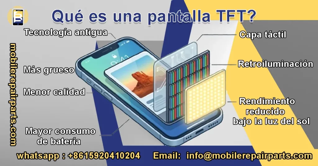 Explicación de pantalla TFT en iPhone con capas separadas y características de baja calidad