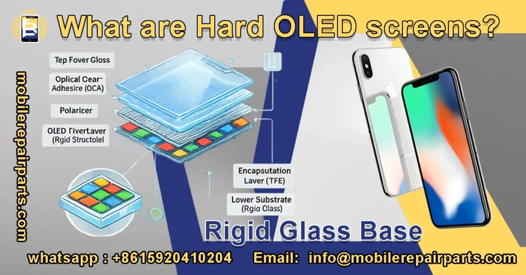 Diagram showing Hard OLED structure built on rigid glass substrate with layered display components.