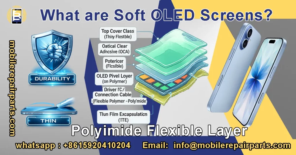 Flexible Soft OLED screen built on polyimide substrate showing thin and bendable structure.