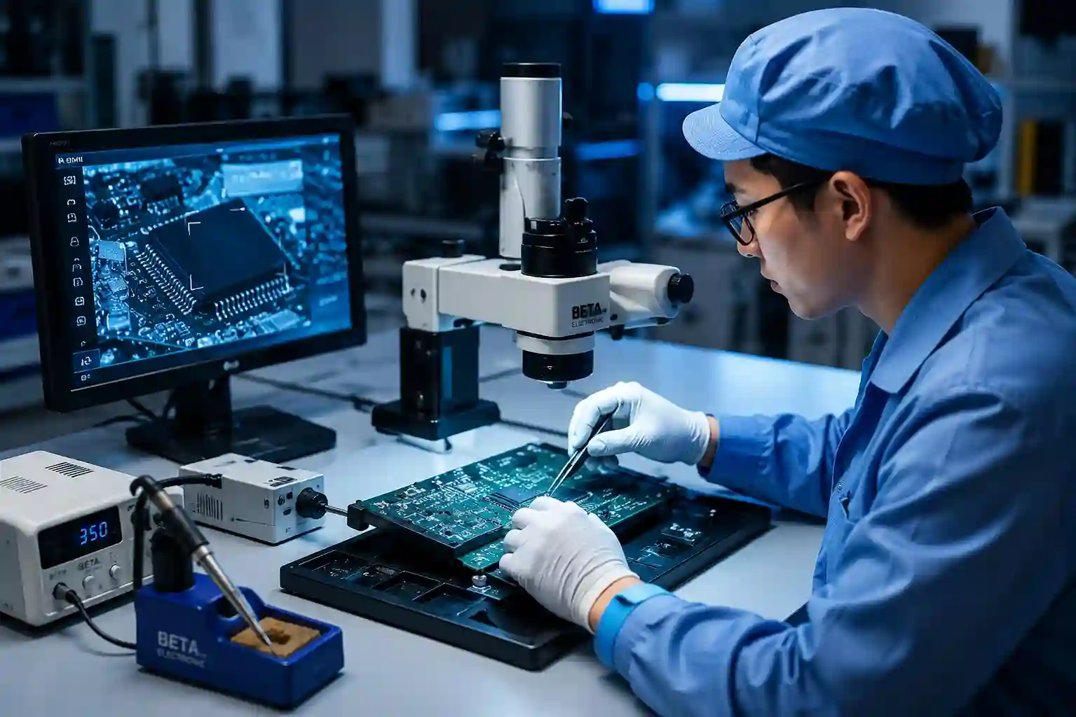 Technician testing mobile phone repair parts in professional quality control laboratory at BETA Electronic