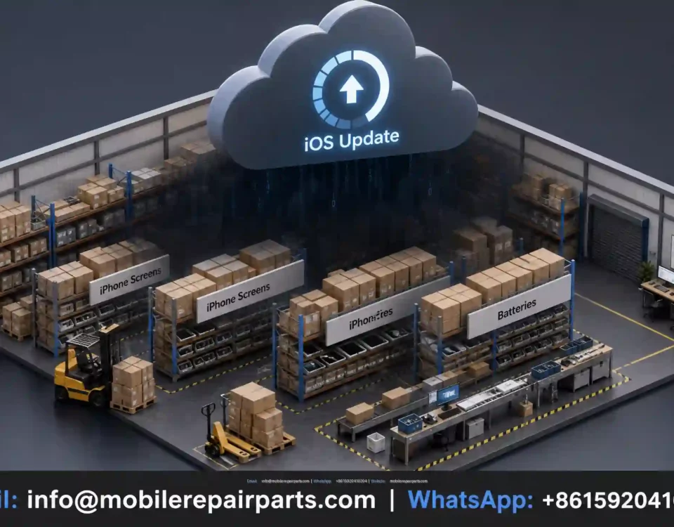 3D isometric illustration of a smartphone parts warehouse under an 'iOS Update' cloud, symbolizing risk and liability for iPhone replacement parts wholesalers in 2026. Contact: info@mobilerepairparts.com | +8615920410204.