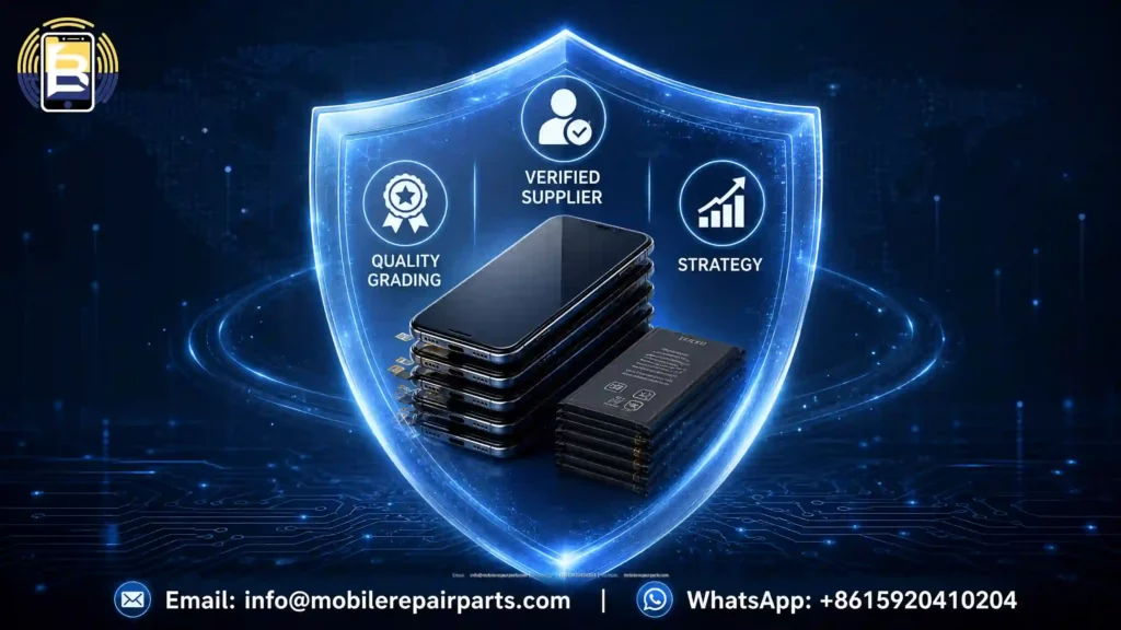 Artistic image of a digital shield protecting iPhone replacement parts inventory, representing strategies for wholesalers to mitigate iOS update risks and ensure compatibility. Contact: info@mobilerepairparts.com | +8615920410204.