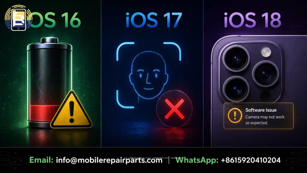 Composite image illustrating iOS 16 battery health warnings, iOS 17 Face ID issues, and iOS 18 rear camera authentication problems for iPhone repair parts. Contact: info@mobilerepairparts.com | +8615920410204.
