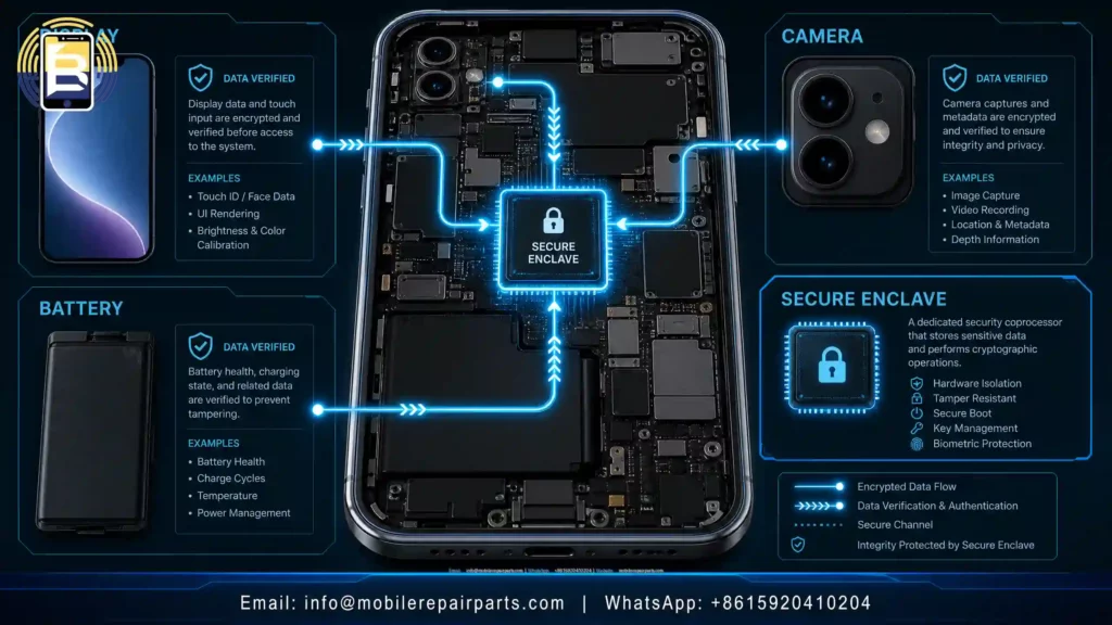Technical infographic detailing iOS authentication of iPhone parts, showing internal connections between display, battery, camera, and Secure Enclave chip. Essential for mobile repair technicians. Contact: info@mobilerepairparts.com | +8615920410204.