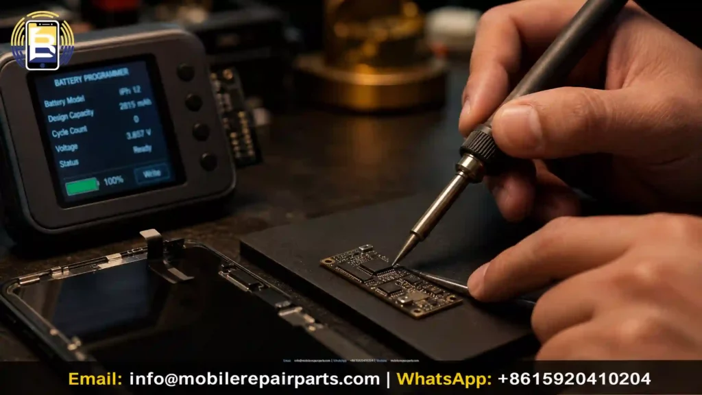 Close-up of a repair technician's hands performing IC chip transfer and using a battery programmer, highlighting essential skills for iPhone repair in 2026. Contact: info@mobilerepairparts.com | +8615920410204.
