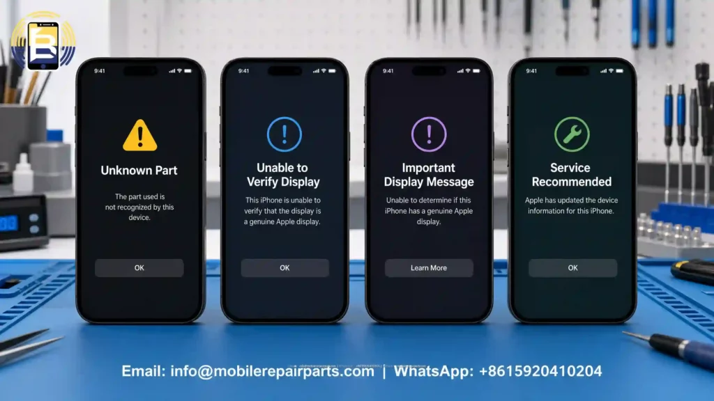 Four iPhone screens displaying common iOS warning messages: 'Unknown Part', 'Unable to Verify Display', 'Important Display Message', and 'Service Recommended' for replacement parts. Contact: info@mobilerepairparts.com | +8615920410204.