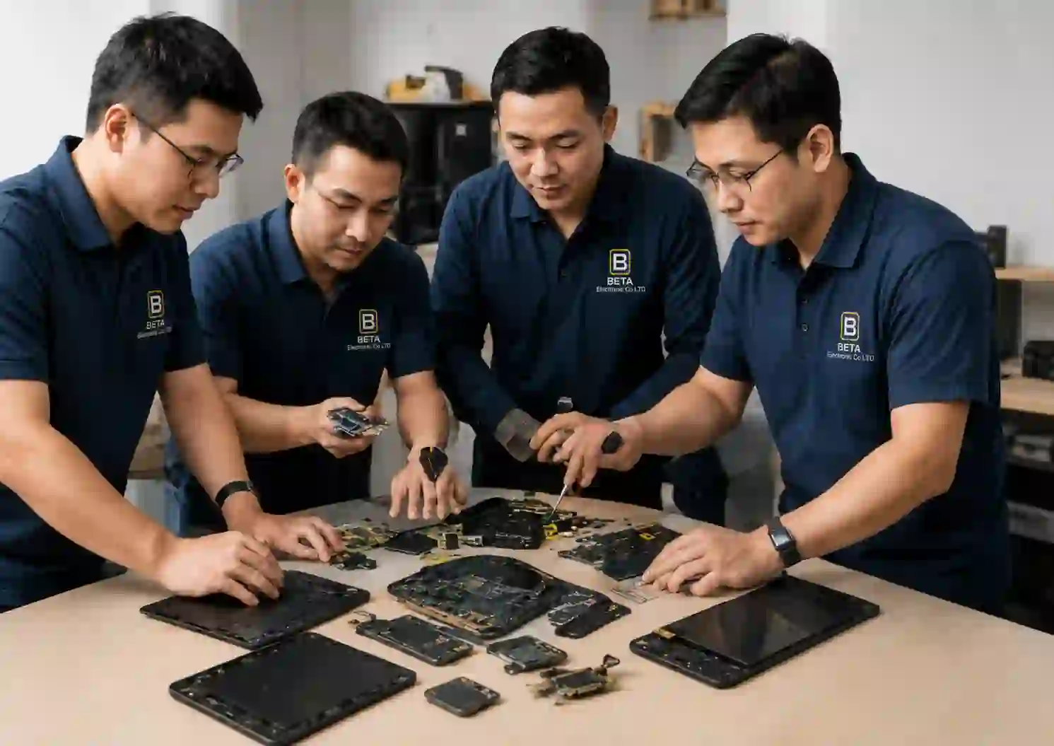 BETA technical team testing mobile repair parts in a lab