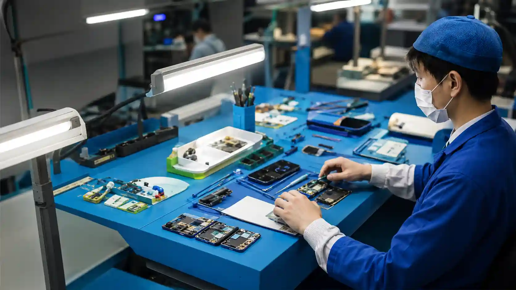 Technician inspecting tablet replacement parts at a quality control station
