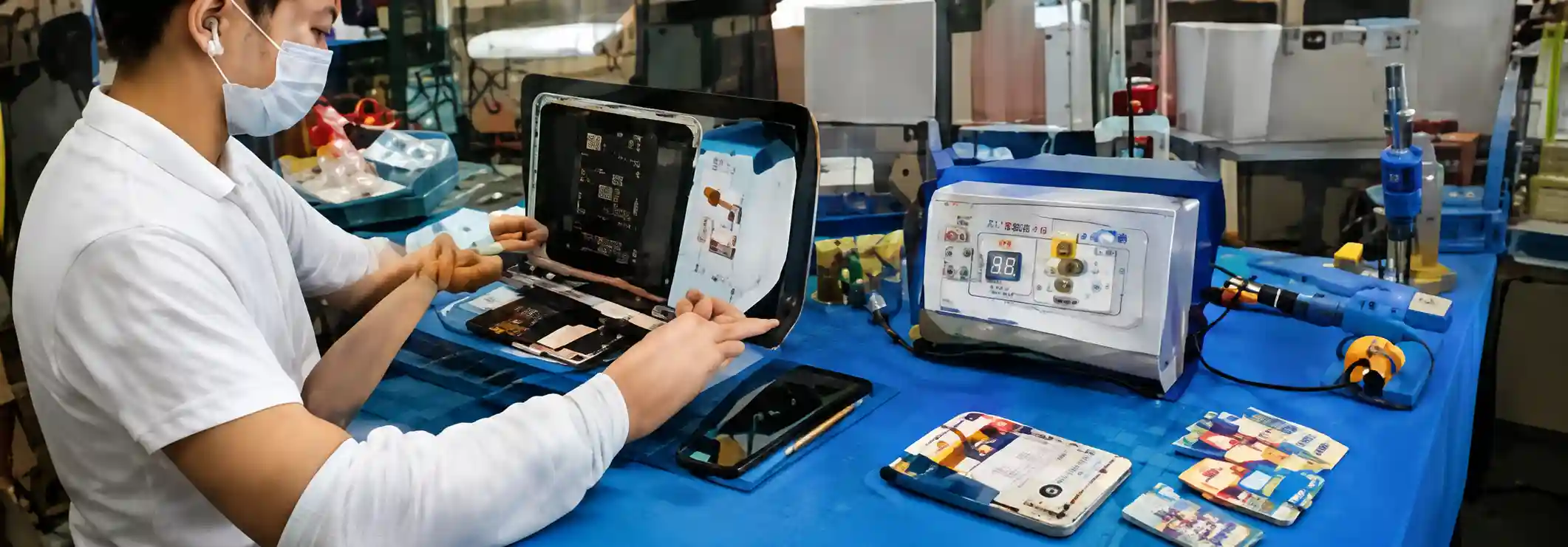 Technician performing functional testing on replacement screens and electronic parts