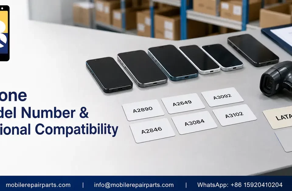 Wholesale iPhone model number and regional compatibility inspection desk with A-number cards and LATAM and GCC labels