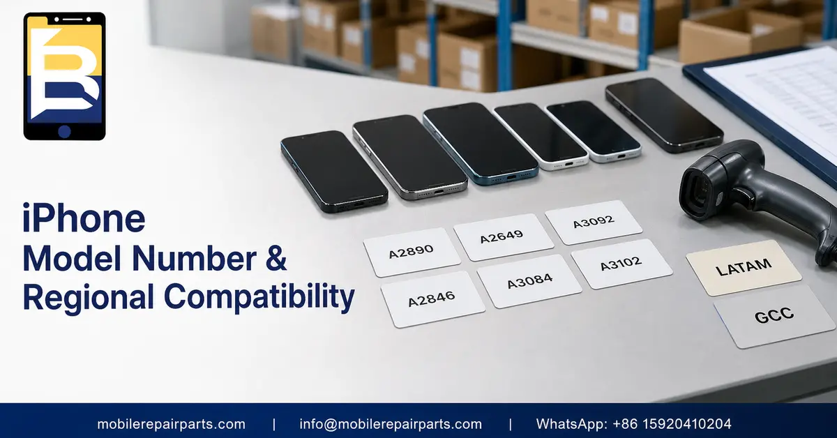 Wholesale iPhone model number and regional compatibility inspection desk with A-number cards and LATAM and GCC labels