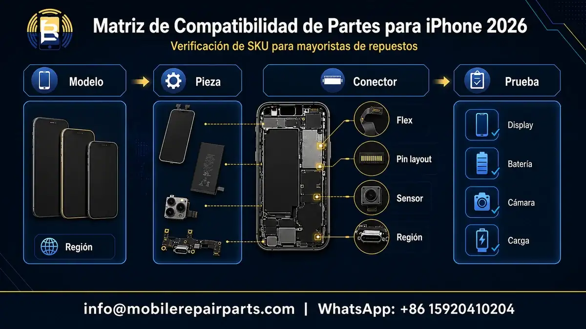 Flujo de verificación de compatibilidad de repuestos de iPhone para mayoristas