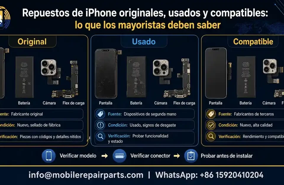 Comparación de repuestos de iPhone originales, usados y compatibles para mayoristas