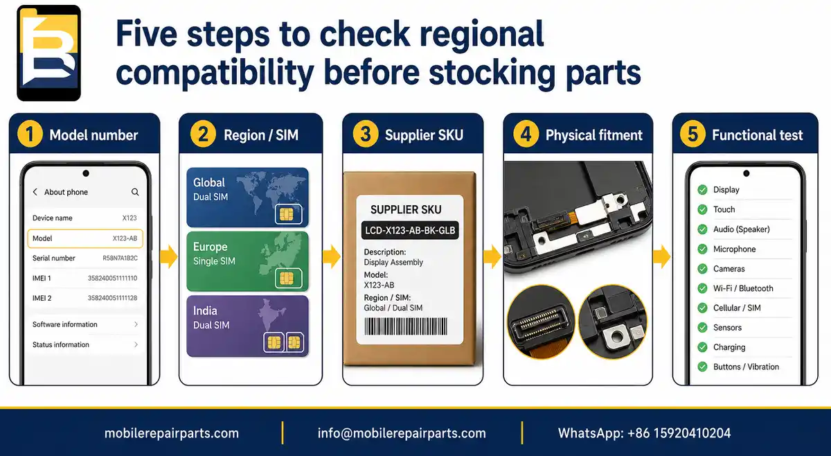 Five-step wholesale iPhone compatibility workflow covering model number, region and SIM, supplier SKU, physical fitment, and functional testing