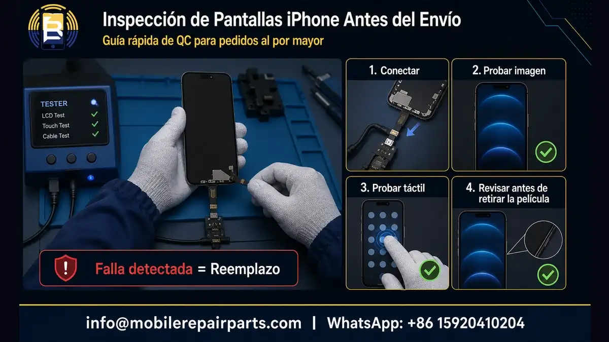 Control de calidad de pantallas de iPhone antes del envío mayorista