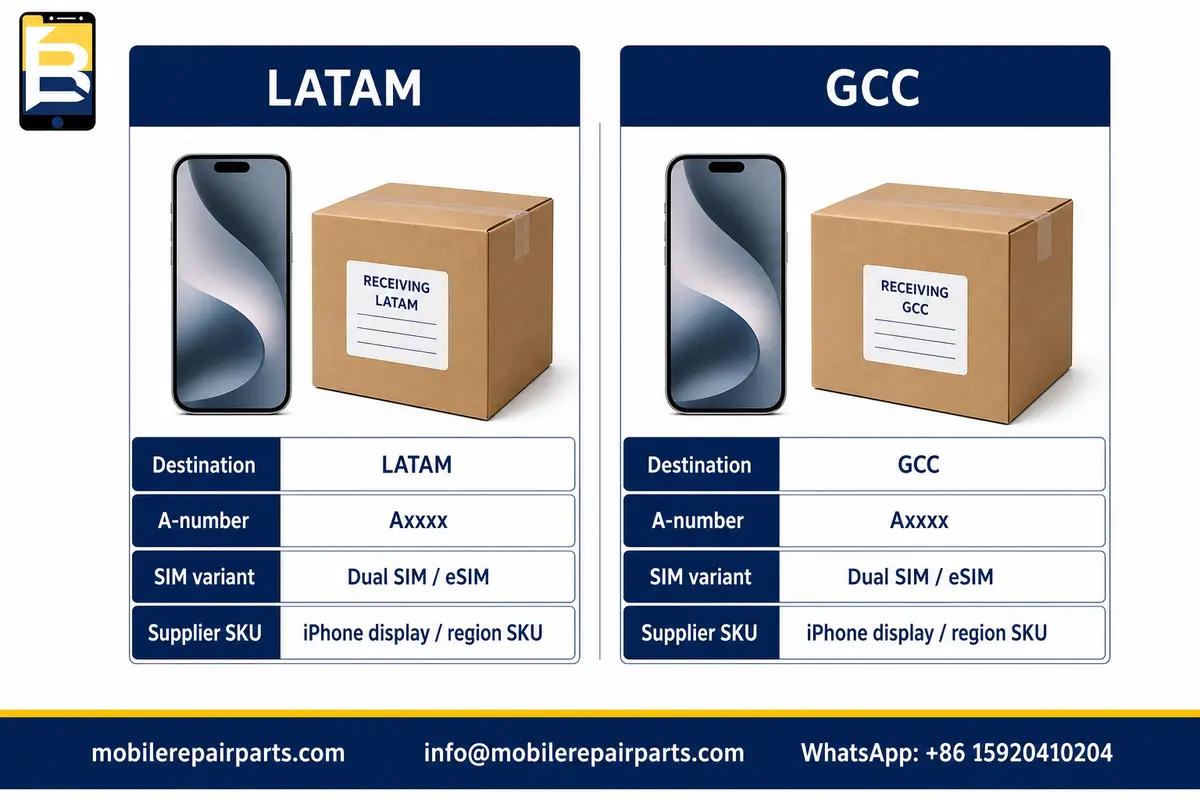 Wholesale receiving checklist comparing LATAM and GCC records with destination, A-number, SIM variant, and supplier SKU fields
