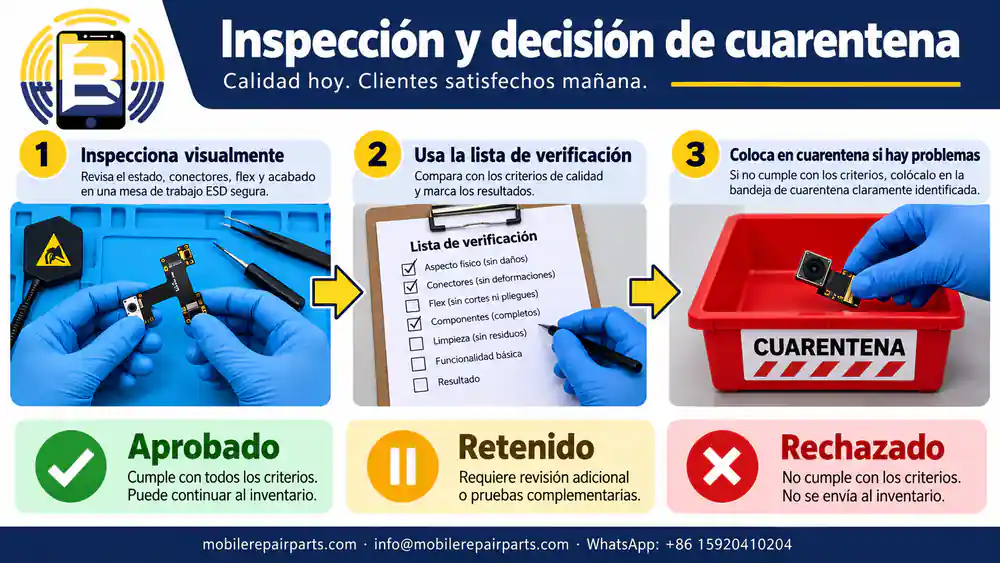 Inspección visual y decisión de aprobar, retener o rechazar un lote de repuestos móviles