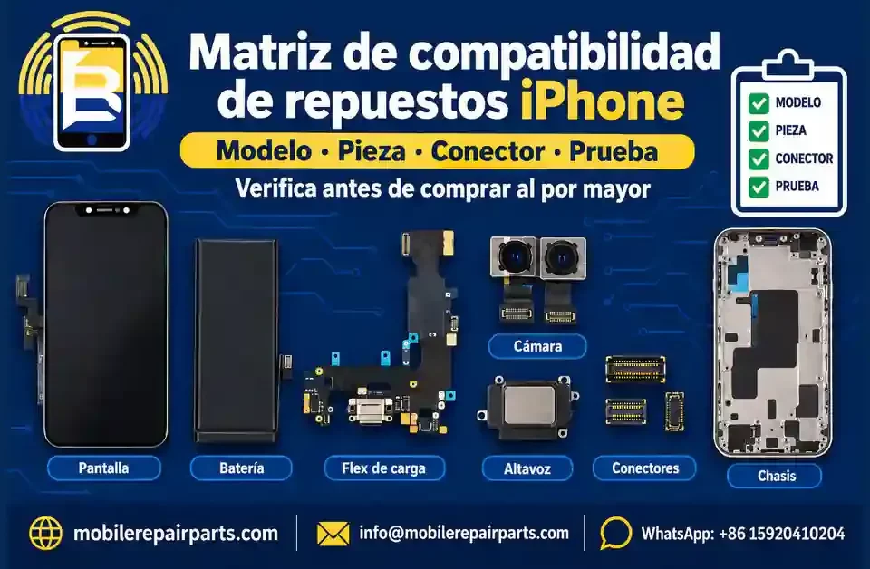 Matriz de compatibilidad de repuestos iPhone para mayoristas de Honduras: pantalla, batería, flex de carga, cámara, altavoz y conectores.