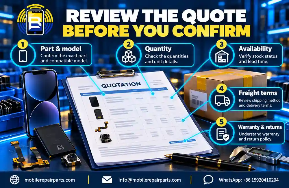 Five checks for reviewing an iPhone parts quote: part and model, quantity, availability, freight terms, and warranty and returns