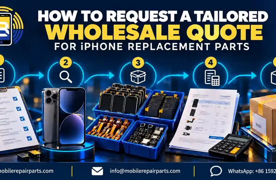 Five-stage wholesale quote workflow for iPhone replacement parts, from parts list and model check through quotation and confirmation