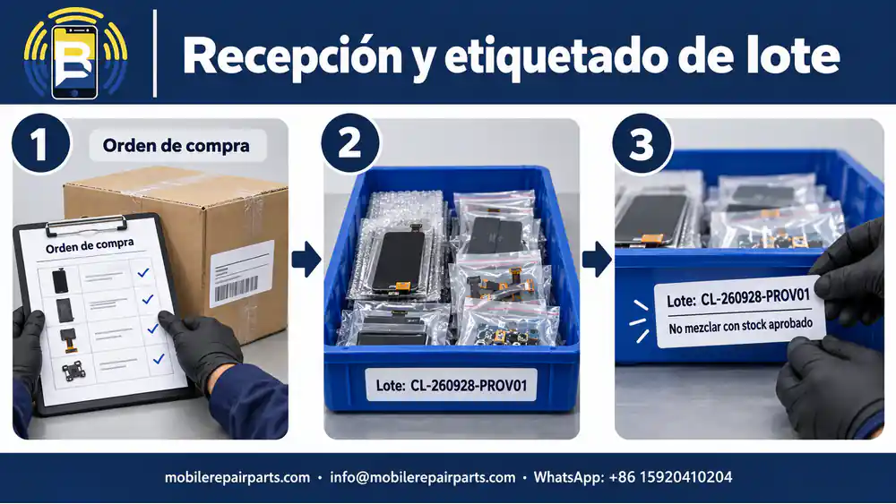 Recepción, comparación con orden de compra y etiquetado de lote de repuestos móviles