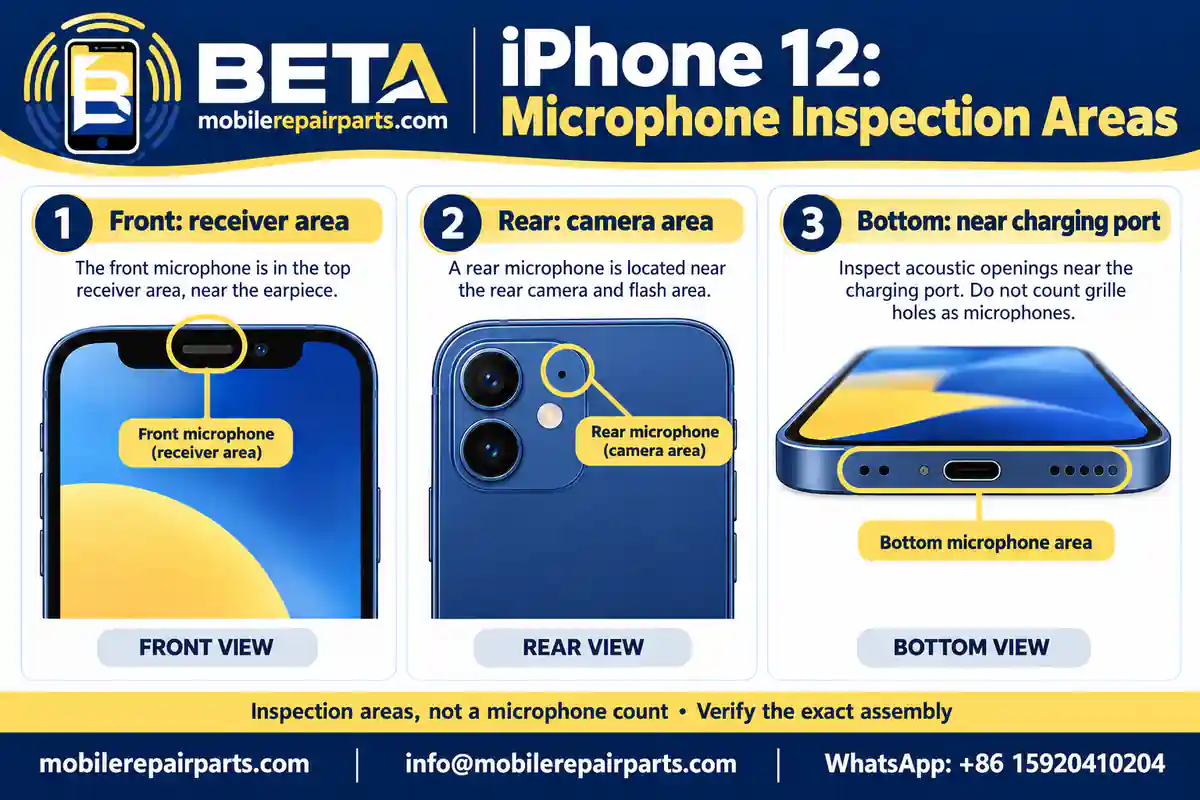 Schematic front, rear, and bottom inspection areas for iPhone 12 microphones, including the receiver opening and charging-port area.