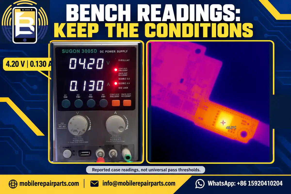 Source supply display showing 4.20 V and 0.130 A beside a thermal image marked 48.5 degrees Celsius
