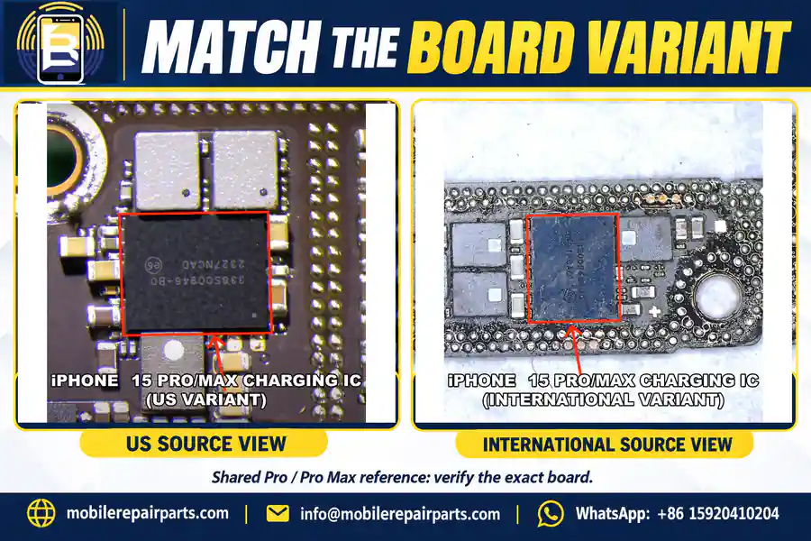 Original US and international charging-IC source views for the iPhone 15 Pro and Pro Max family