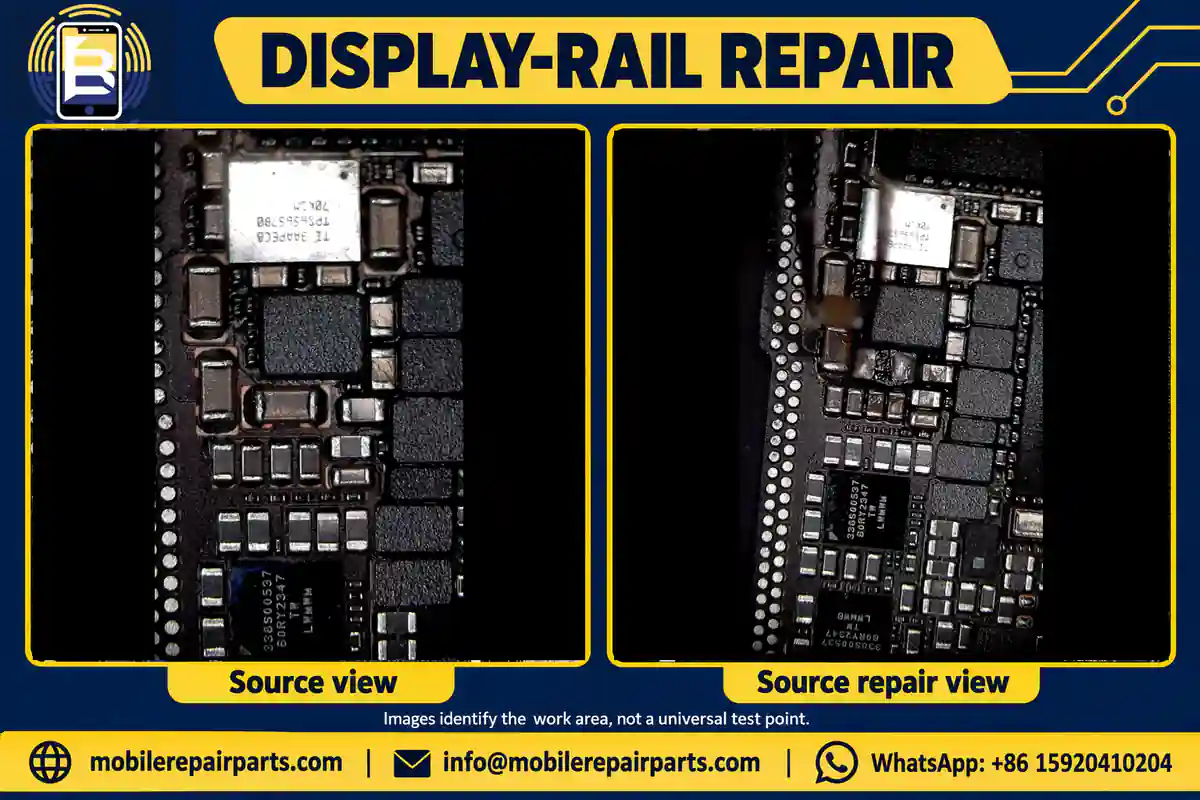 Two original microscope views of the display-power repair area near TPS65657