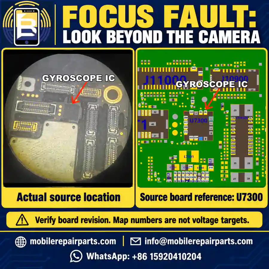 Original microscope location and U7300 board reference from the Pro and Pro Max camera-focus repair guide