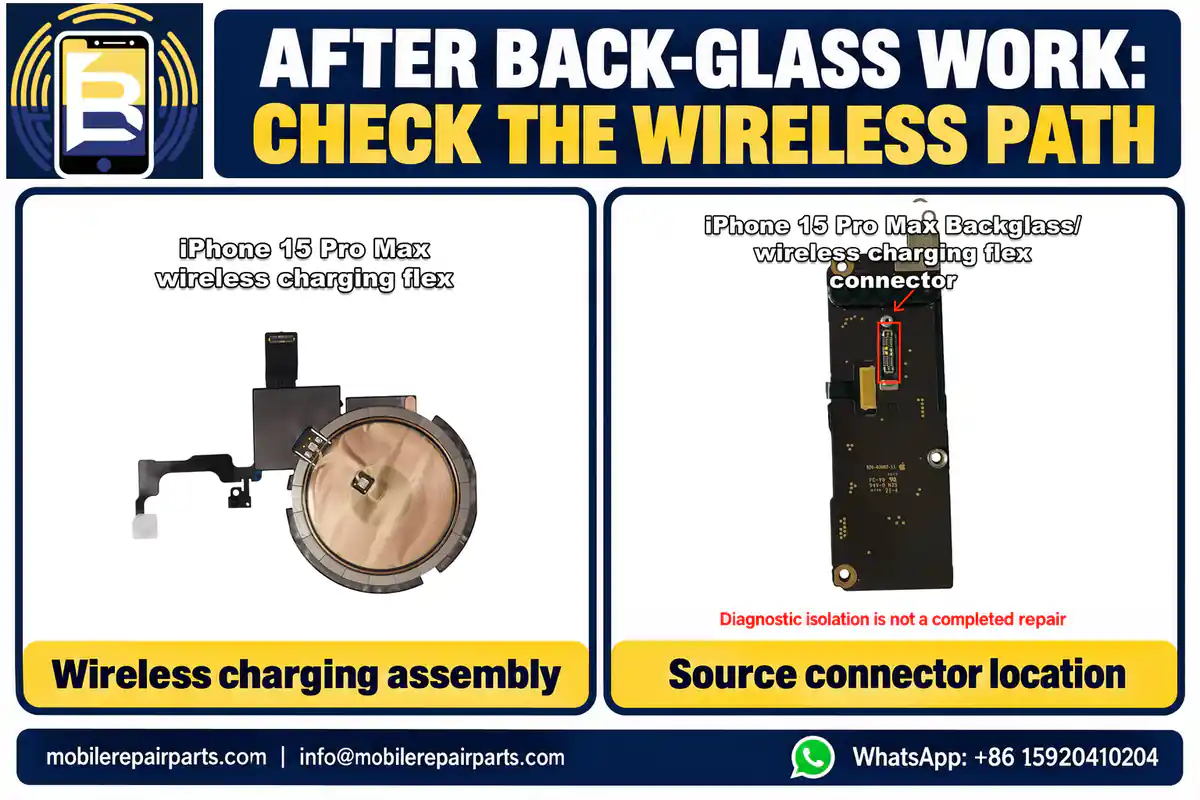 Original wireless-charging assembly and source-marked connector from the iPhone 15 Pro Max Error 9 repair case