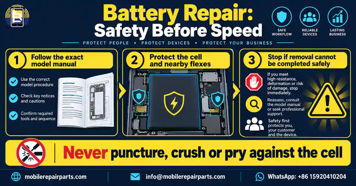 Battery safety workflow: follow the exact manual, protect the cell and stop if removal cannot be completed safely.