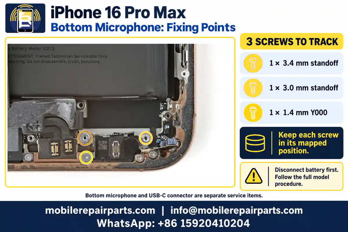 Real iPhone 16 Pro Max bottom-microphone assembly with three fixing locations highlighted and the required screw lengths listed.