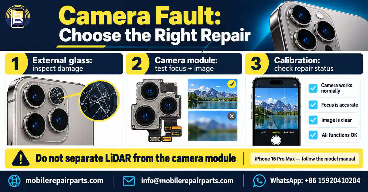 Three camera checks distinguish exterior glass damage, module symptoms and repair-completion status.