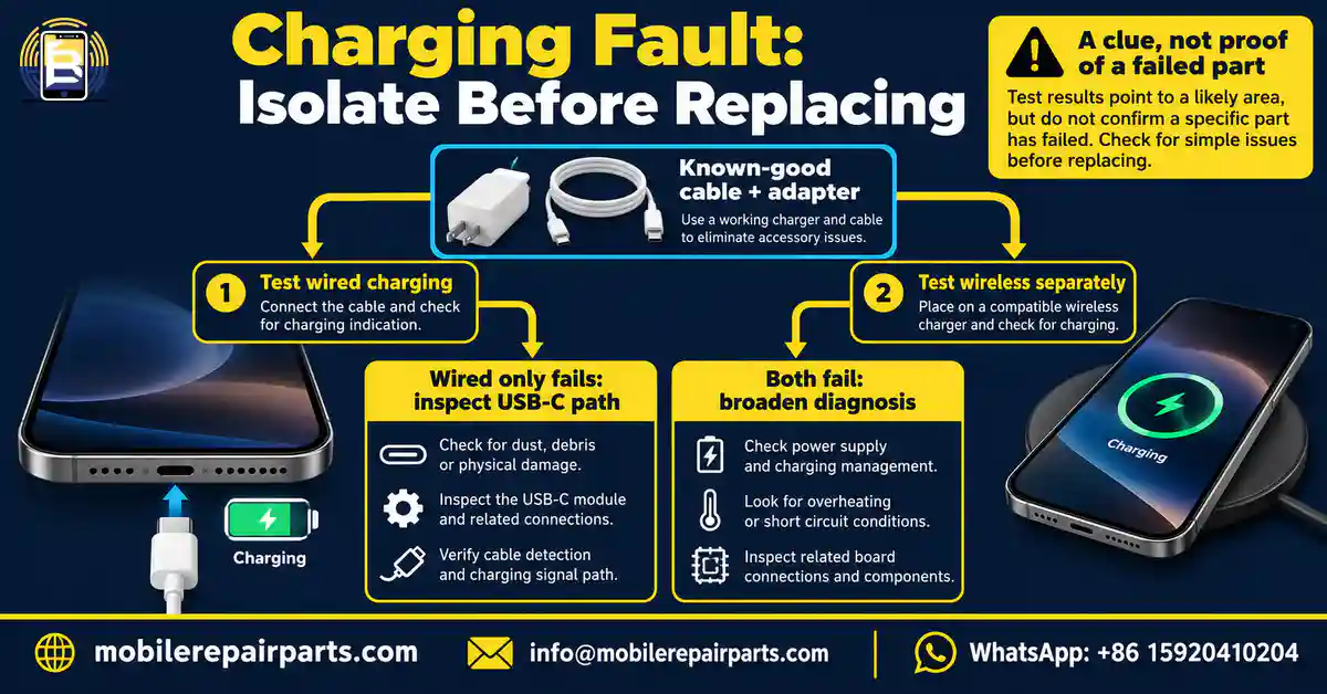 Separate wired and wireless charging tests help narrow the fault without proving one part has failed.