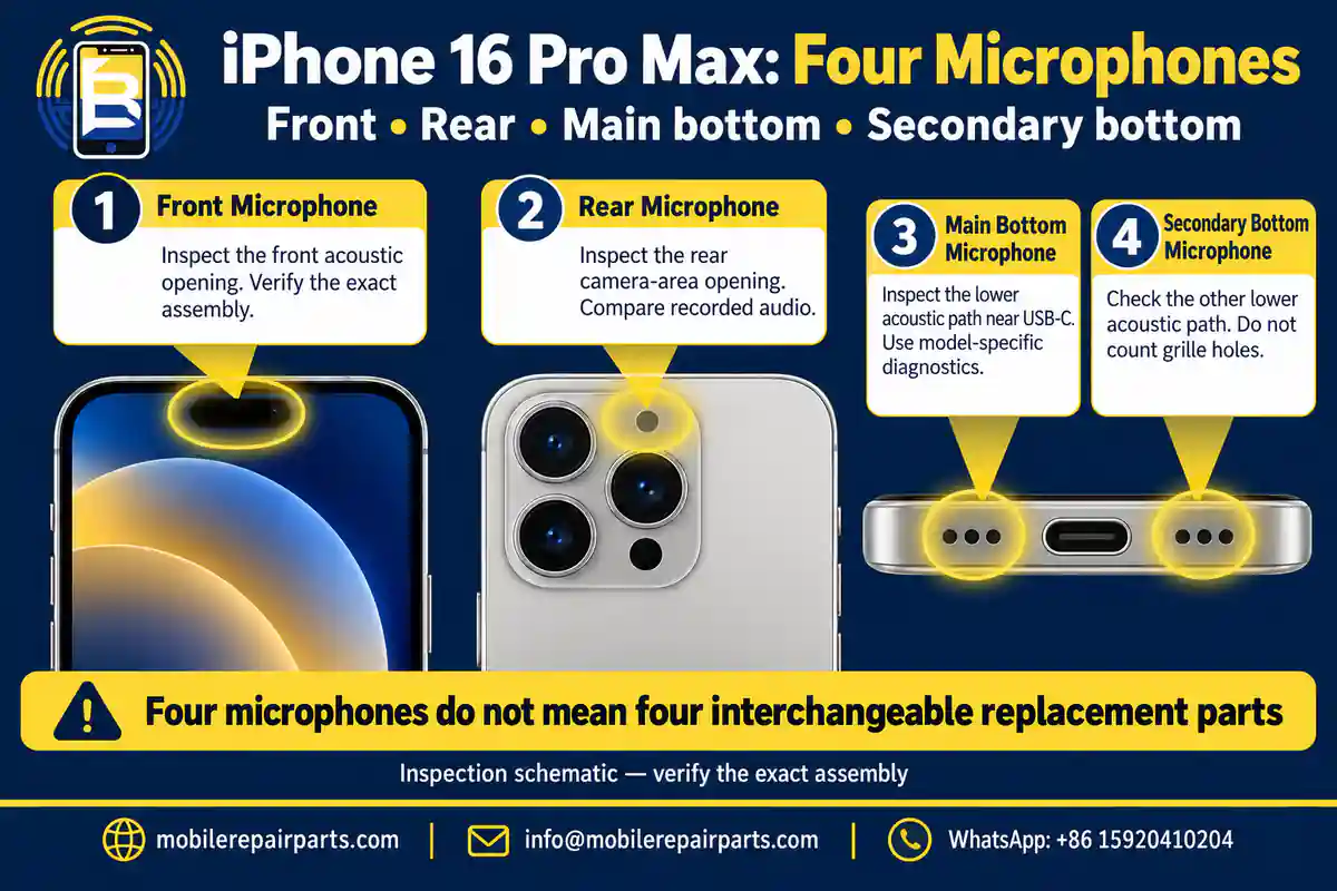 Conceptual iPhone 16 Pro Max front, rear, main-bottom and secondary-bottom microphone inspection zones, with model-specific assembly checks.
