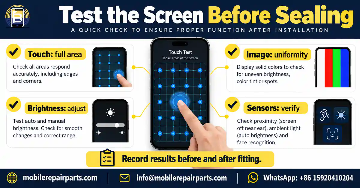 Screen acceptance checks for full-area touch, image uniformity, brightness and sensors.