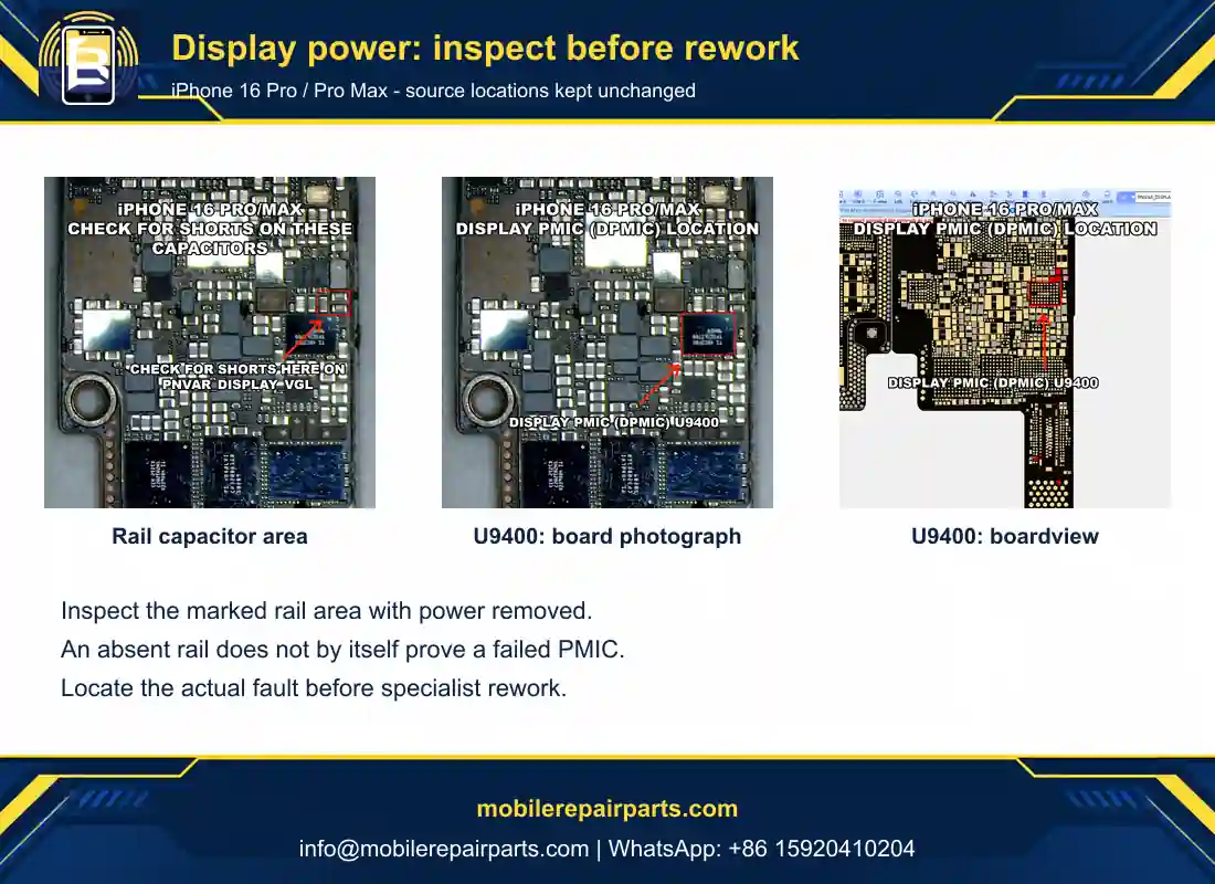 Licensed board photographs and boardview marking the display-rail capacitor area and U9400 display PMIC on the Pro/Pro Max source board.