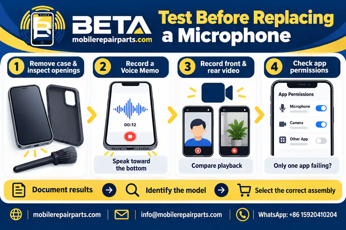 Four-step iPhone audio troubleshooting workflow: inspect openings, record a Voice Memo, compare front and rear videos, and check app permissions.