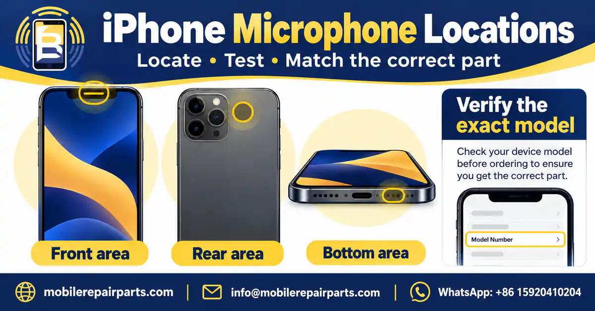 iPhone microphone inspection zones and exact-model verification for repair technicians and wholesale buyers.