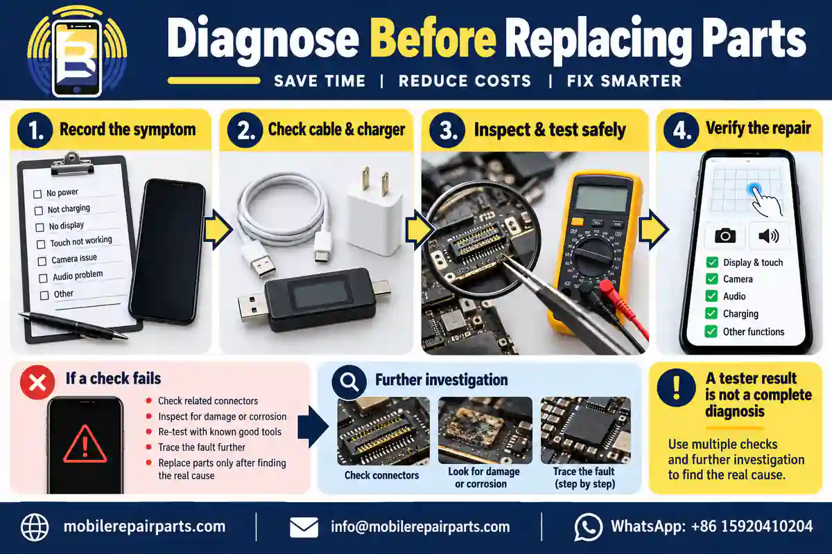 Four-stage phone repair diagnosis: record the symptom, check cable and charger, inspect and test safely, and verify the repair.