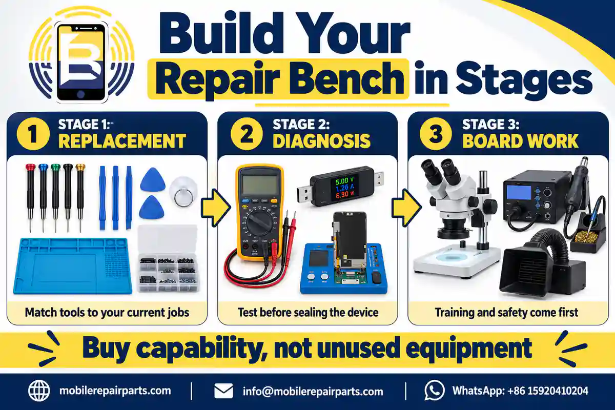 Repair equipment buying roadmap progressing from replacement tools to diagnosis equipment and trained board work.